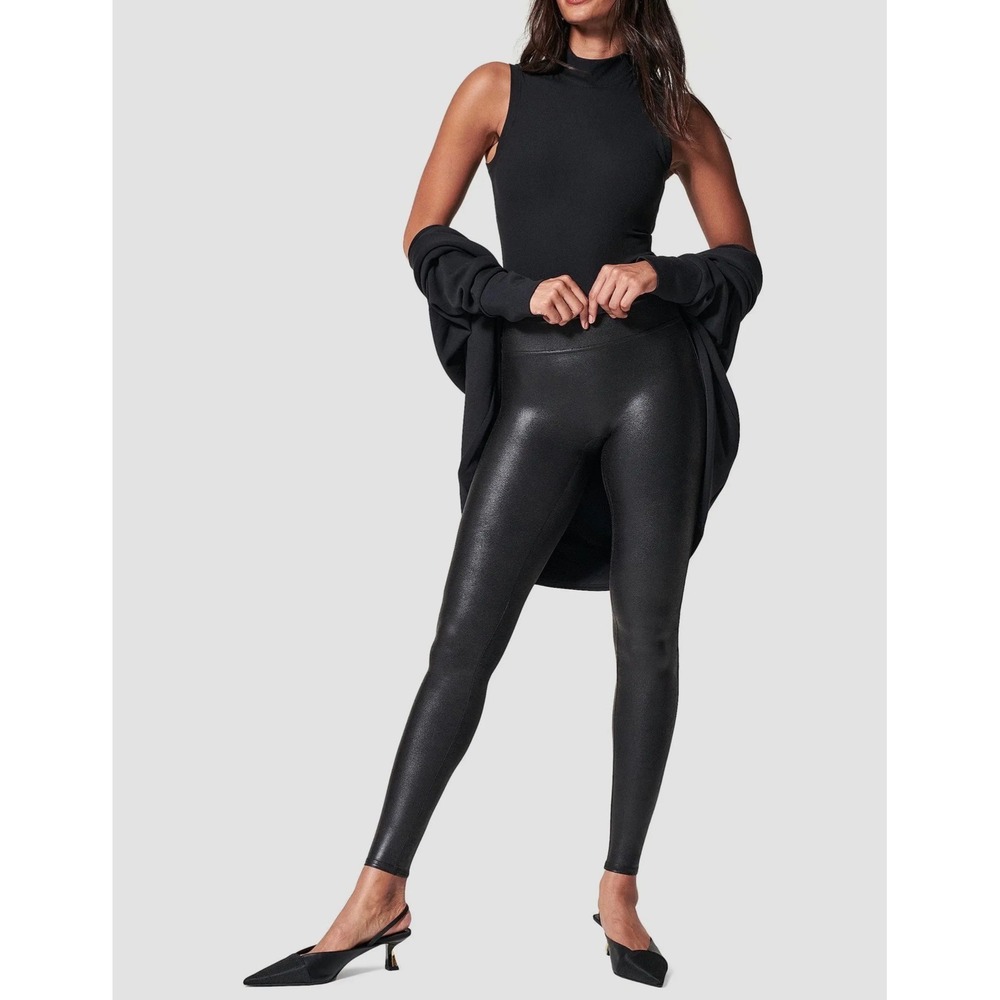 Spanx Faux Leather Leggings Black High Waisted Edgy Style 2437 Shaping L Sleek